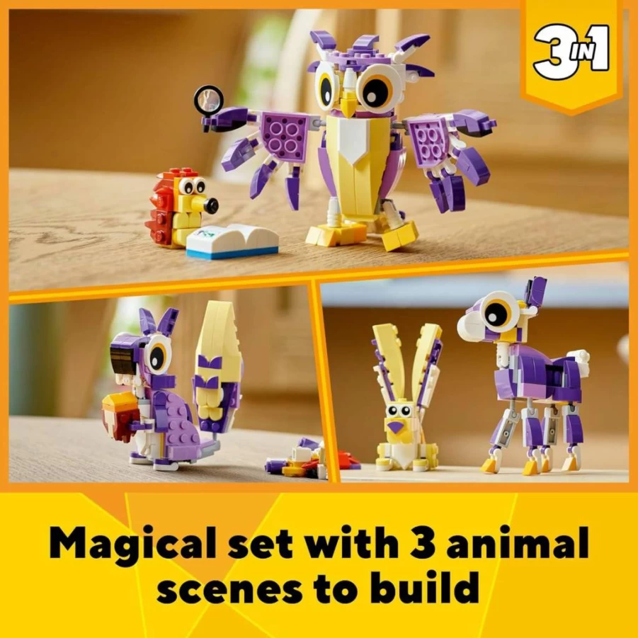 LEGO Creator 3-in-1 Fantasy Forest Animals Building Kit - Build Rabbit, Owl, or Squirrel Toy Set - Creative Gift for Kids Ages 7+ (31125)