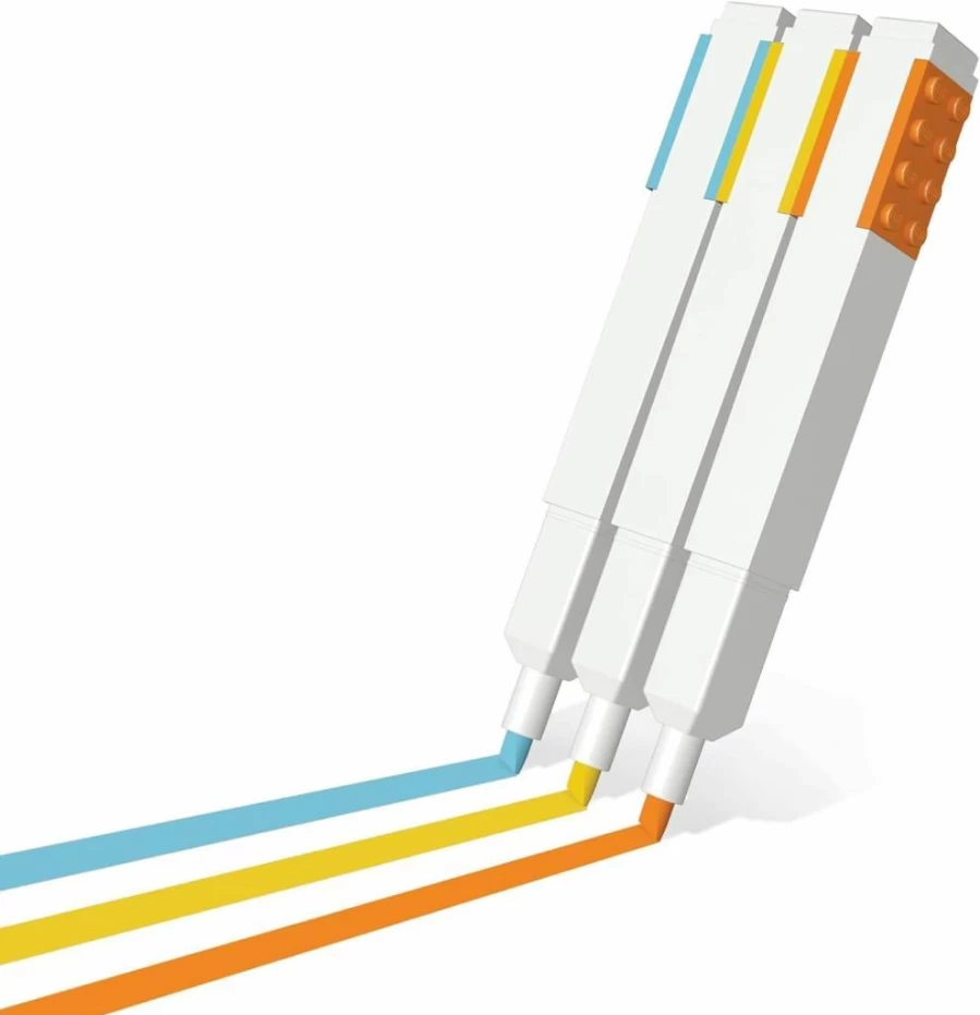 IQ Lego Compatible 3-Pack Highlighter Markers with Building Bricks - Yellow, Orange, Blue (51685) Stationery Set