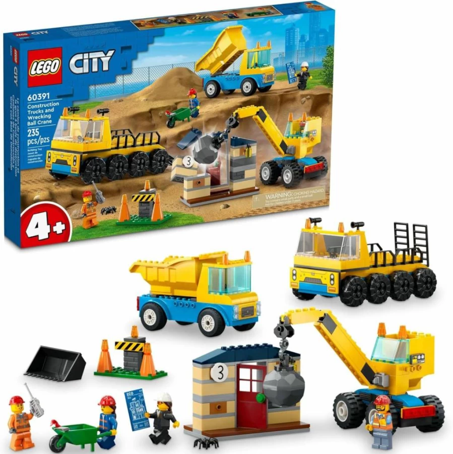 LEGO City Construction Trucks & Crane Toy Set 60391 with 3 Vehicles, Wrecking Ball, House & Minifigures for Kids Ages 4+ Building and Pretend Play
