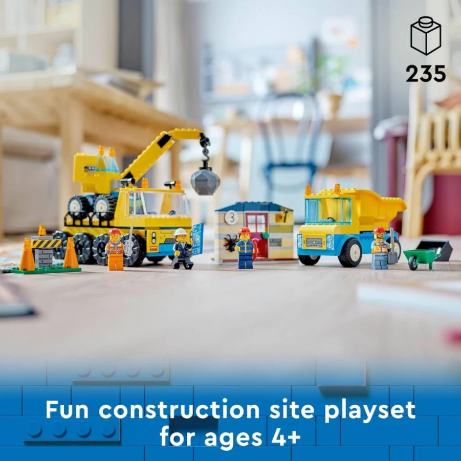 LEGO City Construction Trucks & Crane Toy Set 60391 with 3 Vehicles, Wrecking Ball, House & Minifigures for Kids Ages 4+ Building and Pretend Play