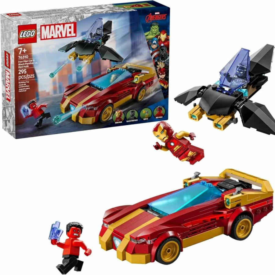 LEGO Marvel Superheroes 76310 Building Kit: Iron Man Car & Black Panther vs. Red Hulk with 3 Minifigures - Creative Gift for Kids Ages 7+ (Boys & Girls) - Birthday Present