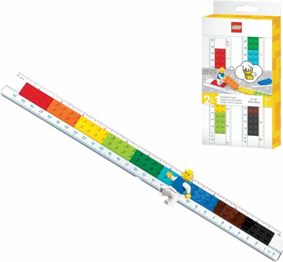 IQ Buildable Ruler with Minifigure - Creative Stationery for Kids Ages 6+, Customizable Measuring Tool with LEGO-Compatible Design (Colors May Vary)