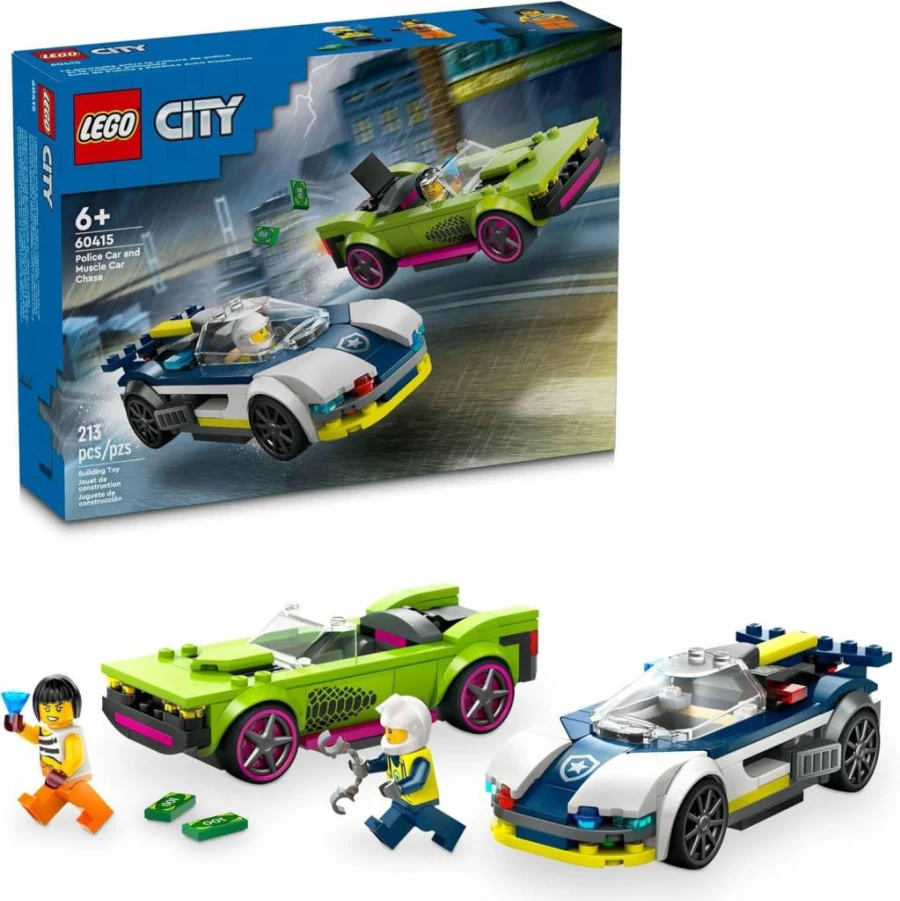 LEGO City Police Car & Muscle Car Chase Toy Set 60415 with Officer & Crook Minifigures, Kids Pretend Play Emergency Vehicle Gift for Ages 6+ Boys & Girls