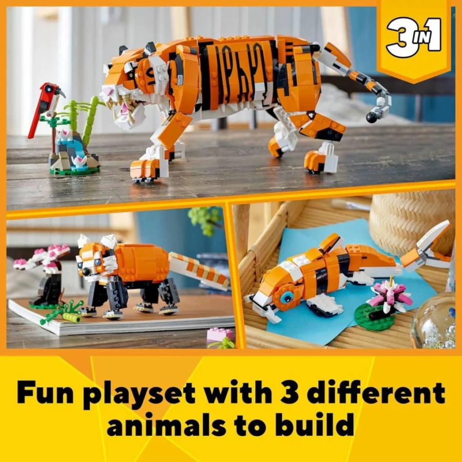 LEGO Creator 3-in-1 Majestic Tiger Building Set (31129) – Buildable Tiger, Panda, or Koi Fish Toy for Kids Ages 9+ | Creative STEM Gift for Boys & Girls | Collectible Animal Model Kit