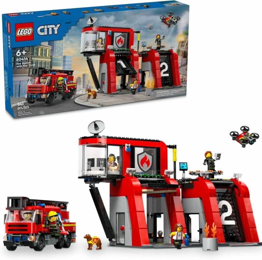 LEGO City Fire Station Building Set with Fire Truck & 2 Attachments, 5 Minifigures - Creative Pretend Play Toy for Kids Ages 6+ (60414)
