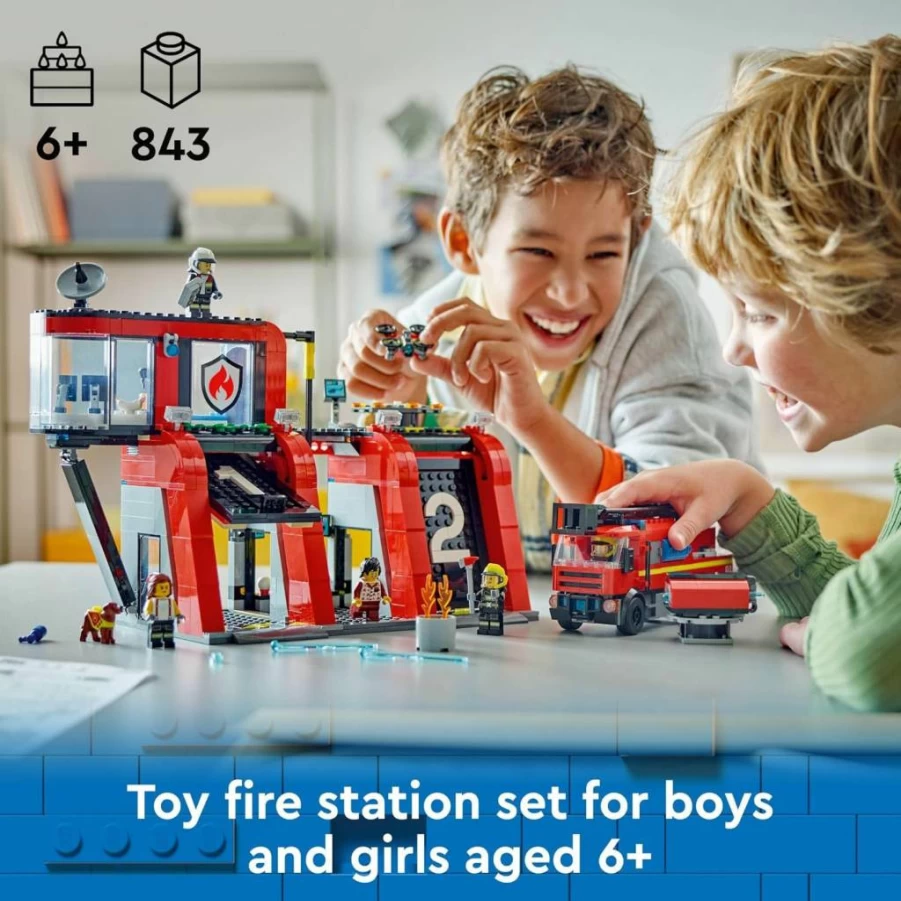 LEGO City Fire Station Building Set with Fire Truck & 2 Attachments, 5 Minifigures - Creative Pretend Play Toy for Kids Ages 6+ (60414)