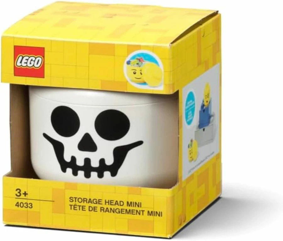 Room Copenhagen Lego Skeleton Head Storage Box - Mini Stackable Toy Organizer with Lid - 4 x 4.5 Inches (10.2 x 11.5 cm) - Kids Room Decor