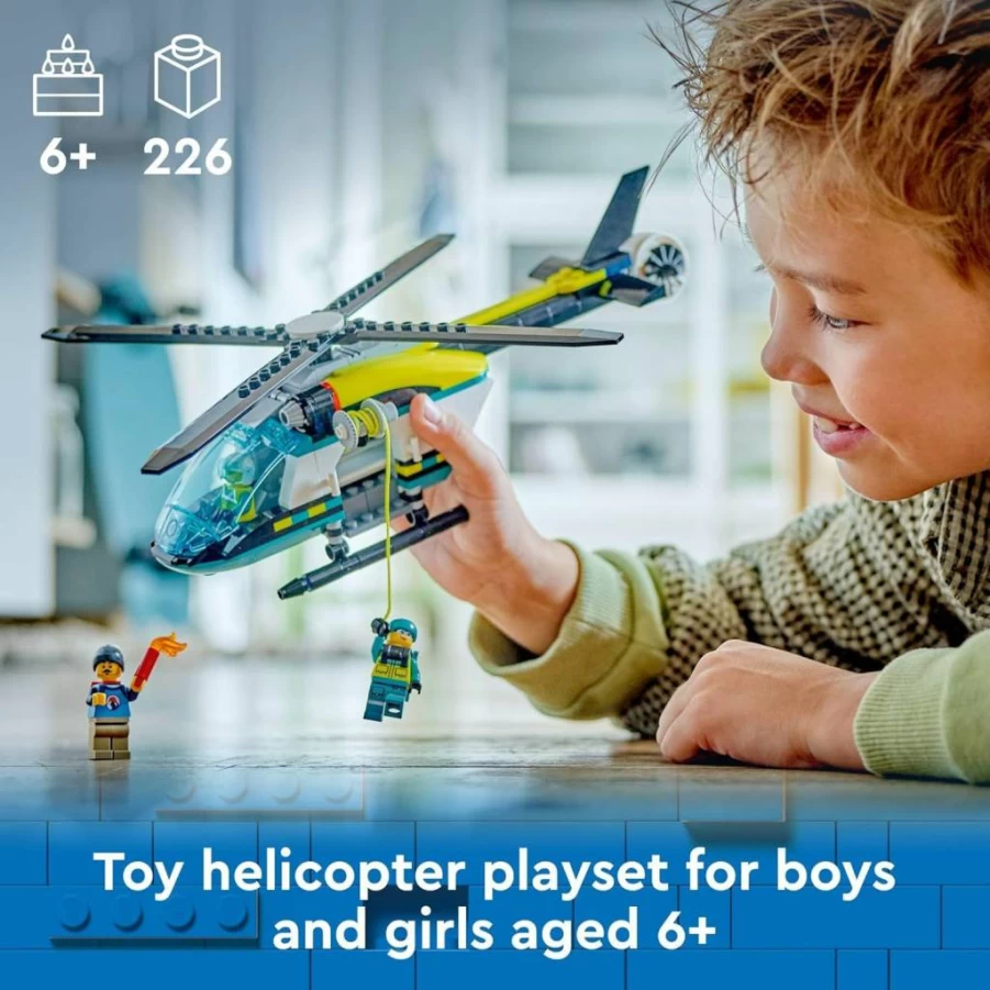 LEGO City 60405 Emergency Rescue Helicopter Toy Set with Minifigures, Spinning Rotors & Winch, Fun Building Kit for Kids Ages 6+ (Hiker, Rescuer, Pilot)