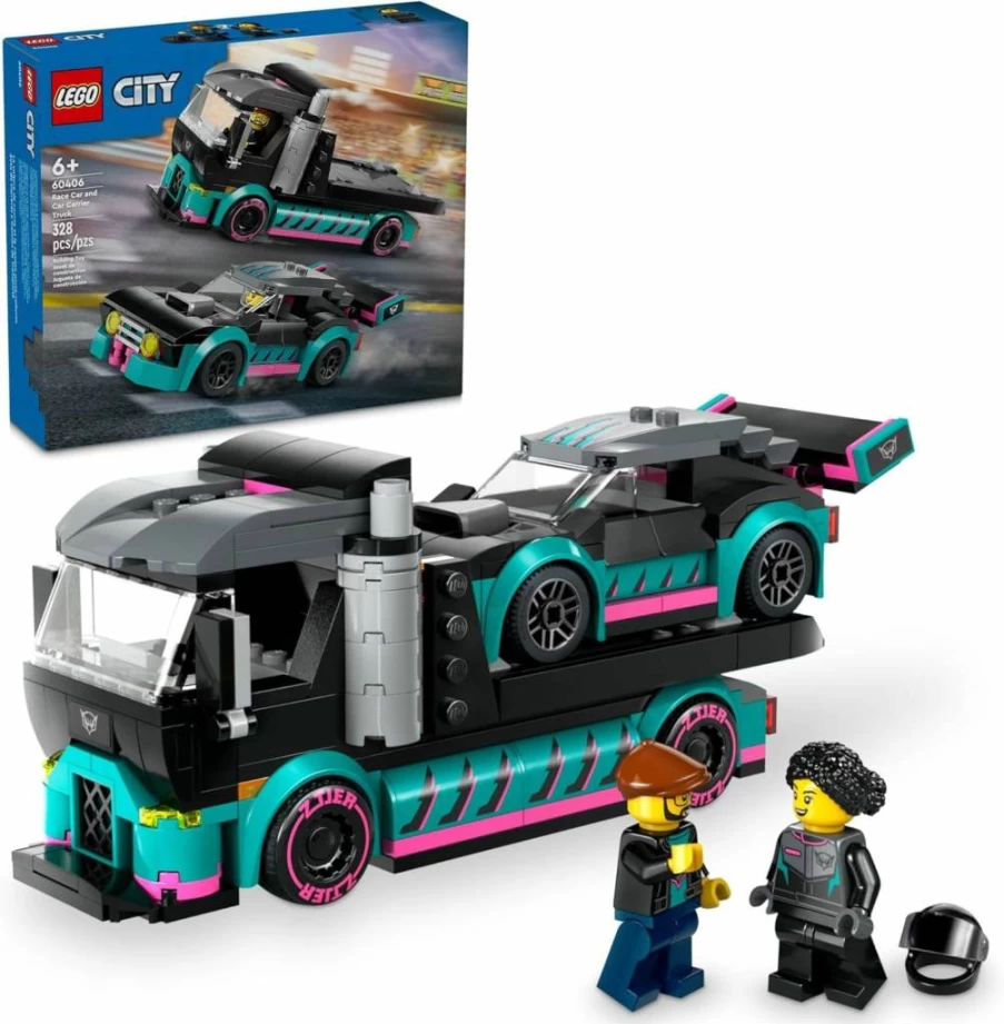 LEGO City 60406 Race Car & Transporter Truck Toy Set with Adjustable Ramp, Racer Minifigures, for Kids Ages 6+