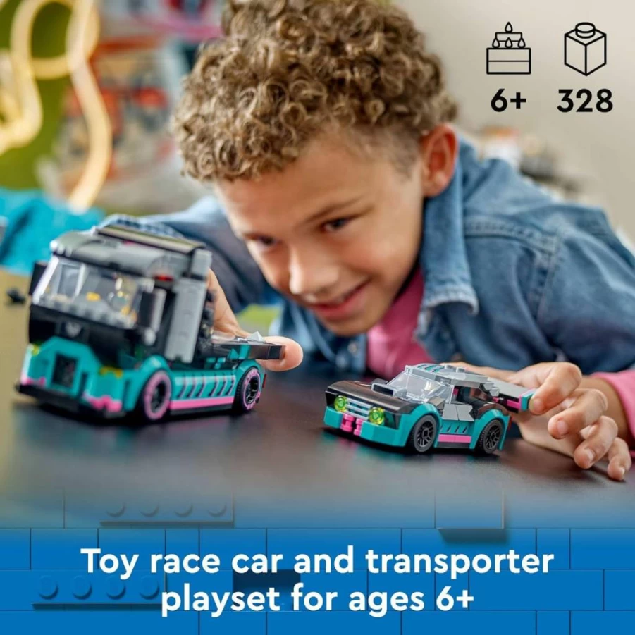 LEGO City 60406 Race Car & Transporter Truck Toy Set with Adjustable Ramp, Racer Minifigures, for Kids Ages 6+