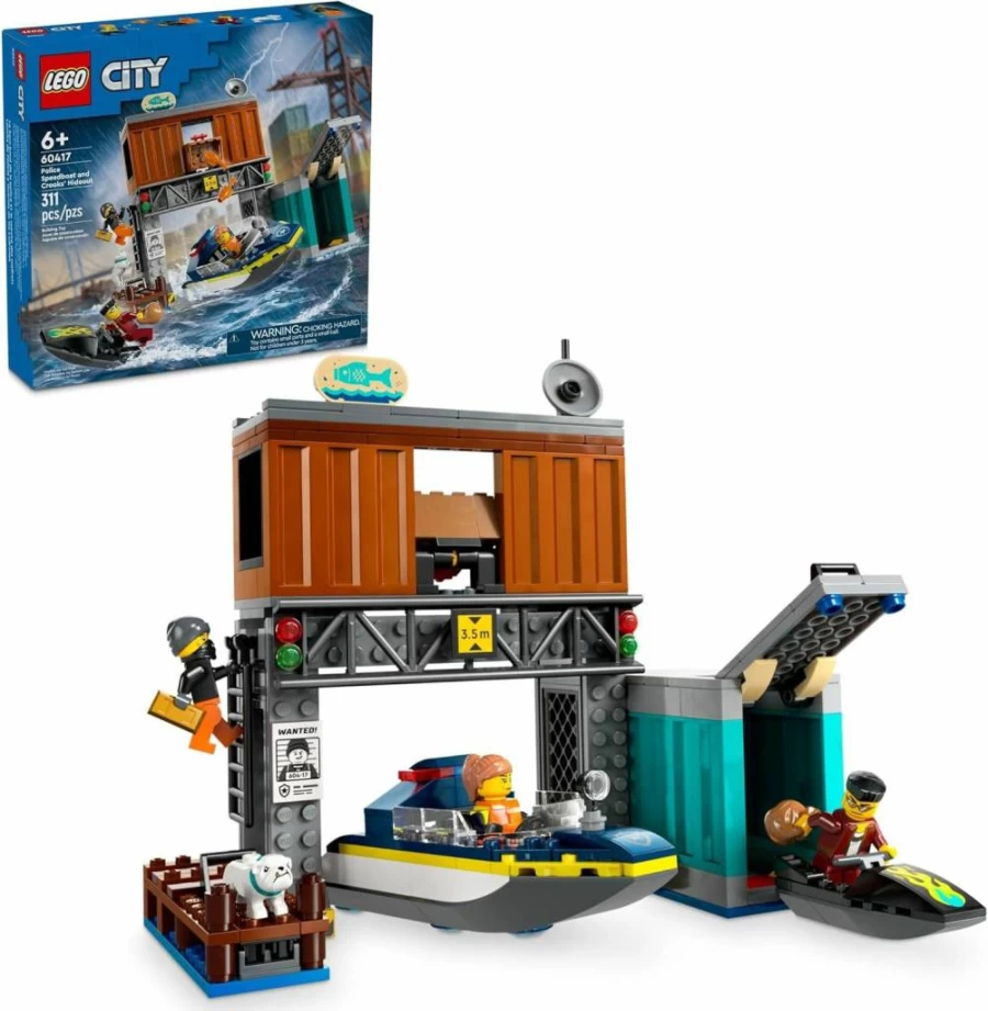 LEGO City Police Speedboat Chase Set with Crooks' Hideout, Jet Ski, 3 Minifigures & Dog Figure, Building Toy for Kids Ages 6+ (60417)