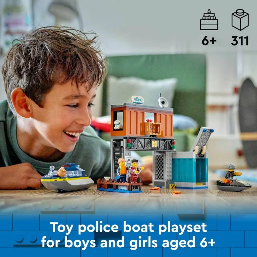 LEGO City Police Speedboat Chase Set with Crooks' Hideout, Jet Ski, 3 Minifigures & Dog Figure, Building Toy for Kids Ages 6+ (60417)