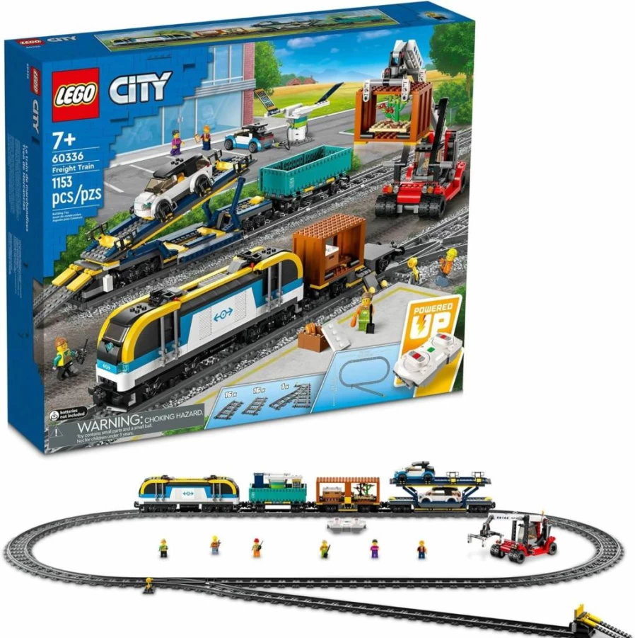 LEGO City Freight Train Set 60336 with Remote Control, 2 Wagons, Car Transporter, 33 Track Pieces & EV Cars, STEM Toy for Kids Ages 7+