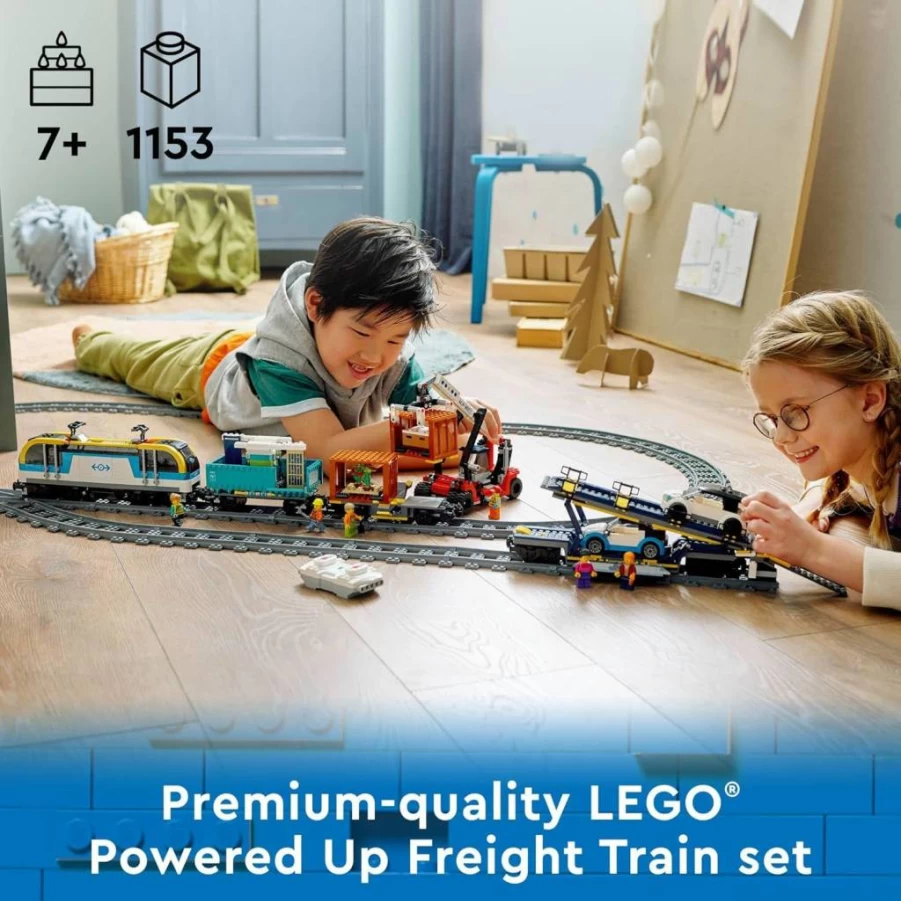 LEGO City Freight Train Set 60336 with Remote Control, 2 Wagons, Car Transporter, 33 Track Pieces & EV Cars, STEM Toy for Kids Ages 7+