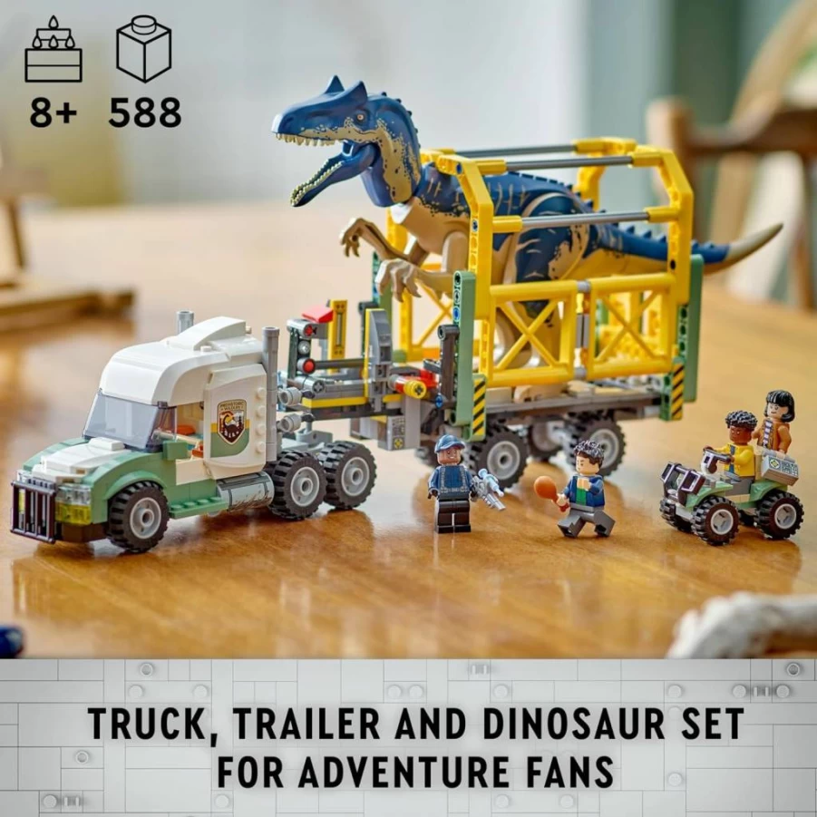 LEGO Jurassic World 76966 Allosaurus Transport Truck Toy Set with Kenji, Darius & Yaz Minifigures, Dinosaur Building Kit for Kids Ages 8+