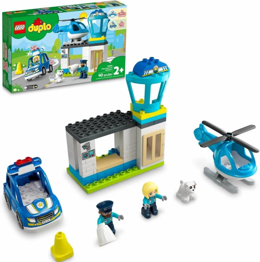 LEGO DUPLO Police Station & Rescue Toy Set with Push & Go Car, Helicopter, Lights & Siren – Learning Building Blocks for Toddlers Ages 2+ (10959)