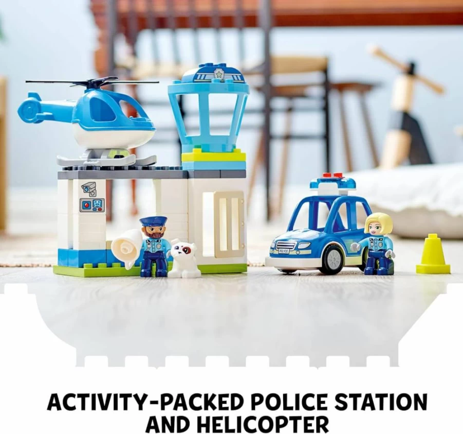LEGO DUPLO Police Station & Rescue Toy Set with Push & Go Car, Helicopter, Lights & Siren – Learning Building Blocks for Toddlers Ages 2+ (10959)