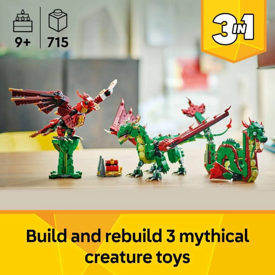 LEGO Creator 3-in-1 Medieval Dragon Building Toy Set 31161 - Build Dragon, Sea Serpent, or Phoenix - Creative Fantasy Gift for Kids Ages 9+