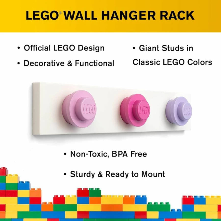 Room Copenhagen Lego Wall Hanger - 3 Hook Coat Rack for Kids Room, Holds Coats, Backpacks & Hats | Assorted Colors (Red, Blue, Yellow) | Durable Lego Decor Storage Solution