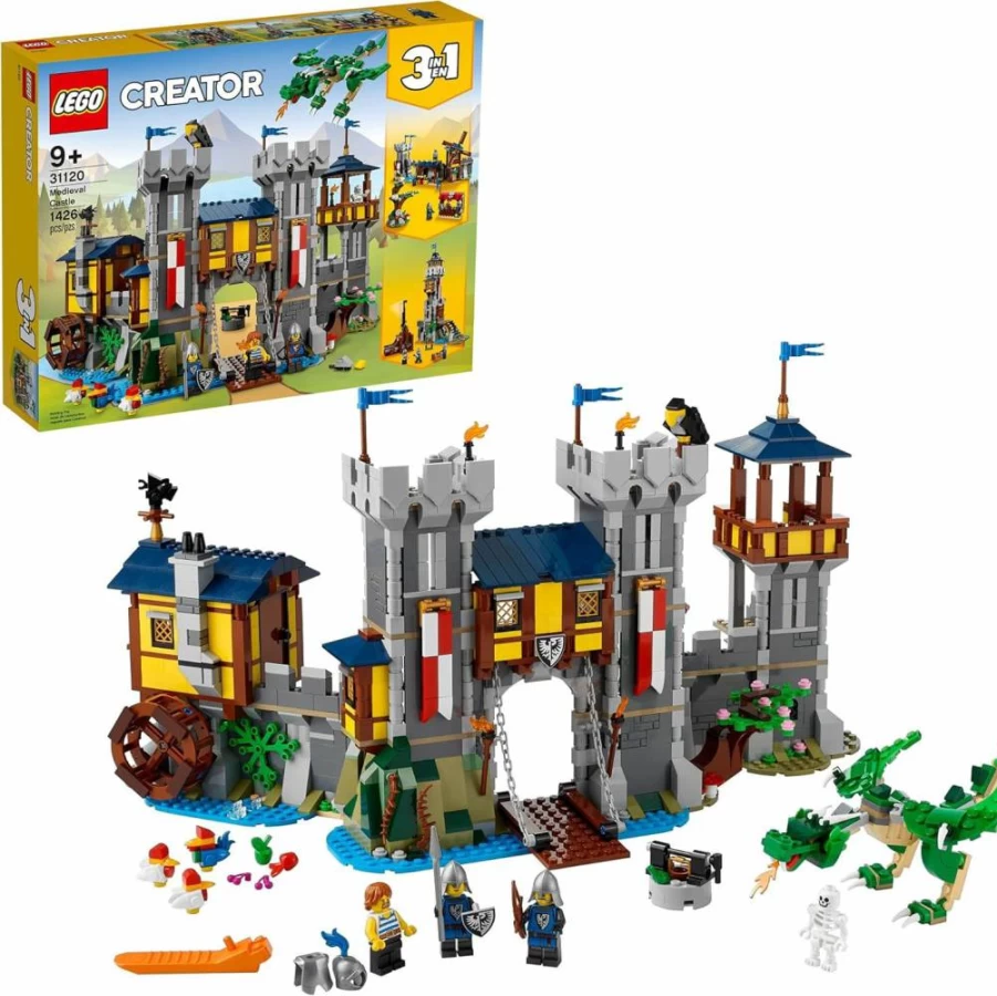 LEGO Creator 3-in-1 Medieval Castle Building Set (31120) – Build a Castle, Tower, or Marketplace with 3 Minifigures, Dragon & Skeleton Figures, and Catapult Toy