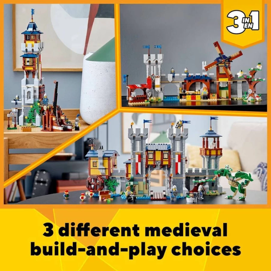 LEGO Creator 3-in-1 Medieval Castle Building Set (31120) – Build a Castle, Tower, or Marketplace with 3 Minifigures, Dragon & Skeleton Figures, and Catapult Toy