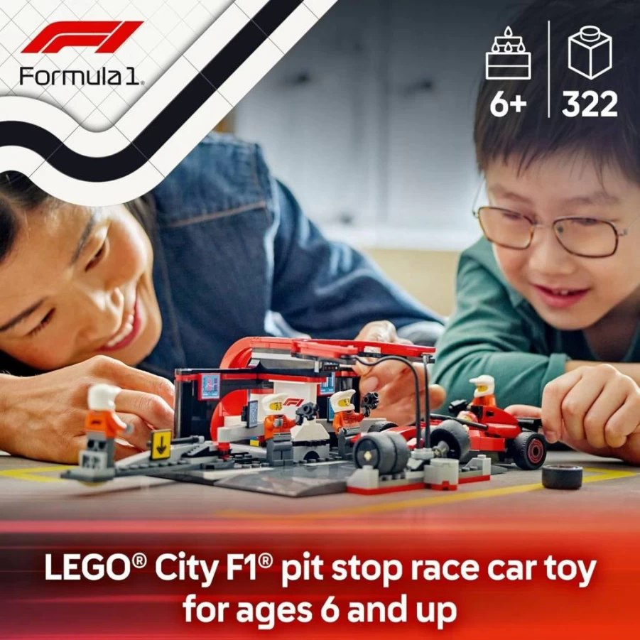 LEGO City Ferrari F1 Race Car Building Set 60443 - Pit Stop & Crew Toy for Kids Ages 6+, STEM Educational Gift for Boys and Girls, F1 Racing Fan Collectible