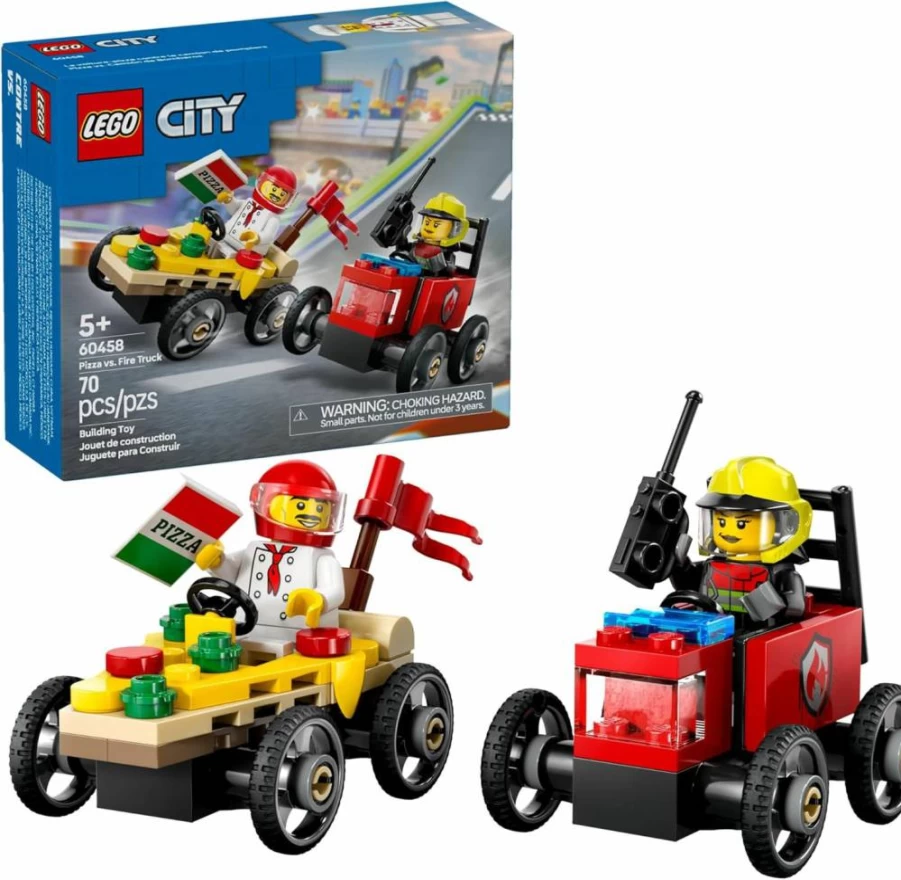 LEGO City Pizza Delivery vs Fire Truck Race Car Building Toy Set 60458 with Chef & Firefighter Minifigures - Creative Gift for Kids Ages 5+ Birthday Holiday Present