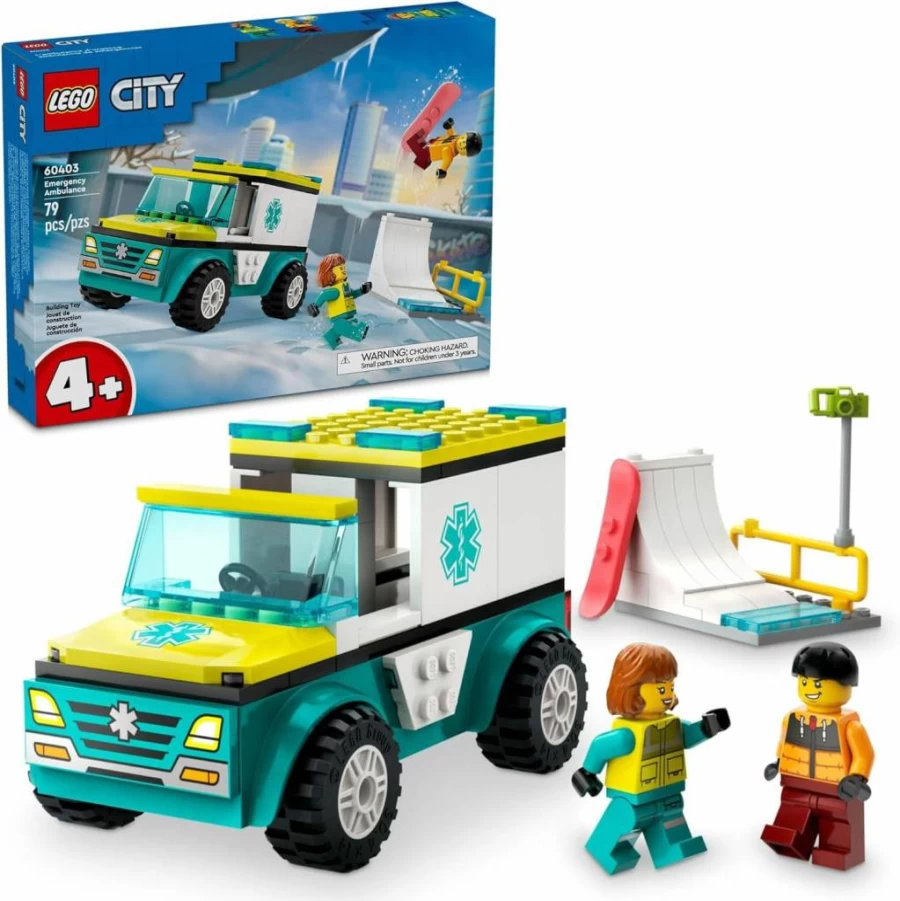LEGO City Emergency Ambulance Rescue Toy Set with Snowboarder and Paramedic Minifigures, Winter Themed Building Kit for Kids Ages 4+ (60403)