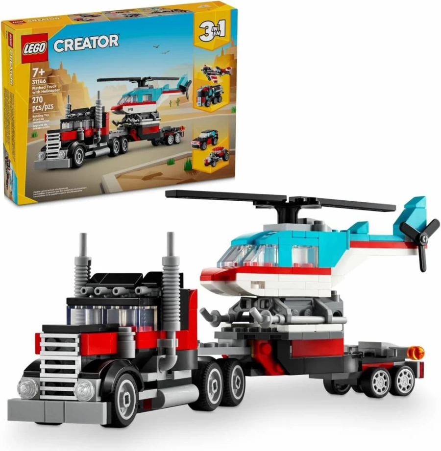 LEGO Creator 3-in-1 Flatbed Truck Toy Set 31146 - Buildable Truck, Helicopter, Plane & Hot Rod, Creative Gift for Kids Ages 7+