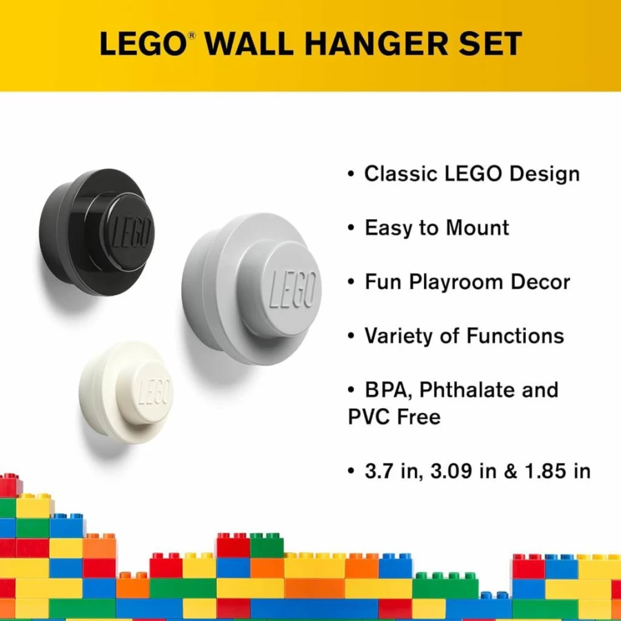 Room Copenhagen LEGO Wall Hanger Set - Colorful Playroom Organizer with Utility Hooks in Yellow, Red, Blue
