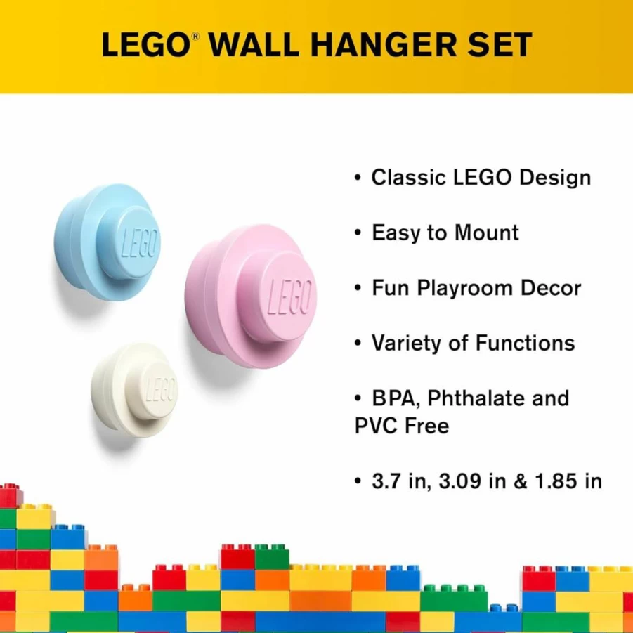 LEGO Wall Hanger Set by Room Copenhagen - Decorative Playroom Utility Hooks in Light Blue, Pink & White