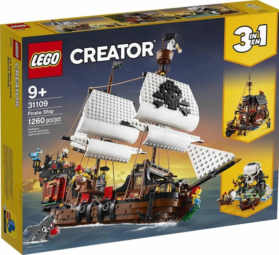 LEGO Creator 3-in-1 Pirate Ship Building Set 31109 – Buildable Toy Ship, Inn, or Skull Island with 4 Minifigures & Shark, Creative Gift for Kids Ages 9+