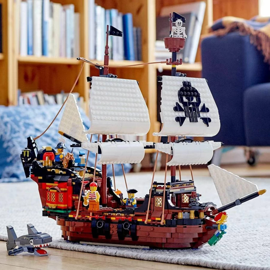 LEGO Creator 3-in-1 Pirate Ship Building Set 31109 – Buildable Toy Ship, Inn, or Skull Island with 4 Minifigures & Shark, Creative Gift for Kids Ages 9+