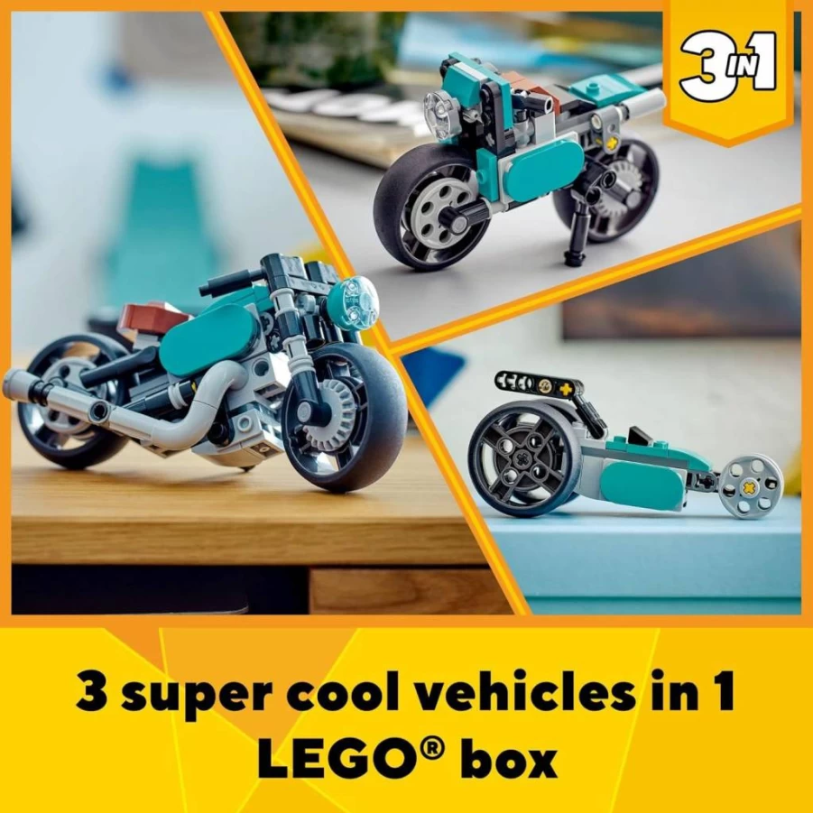 LEGO Creator 3-in-1 Vintage Motorcycle Building Kit (31135) – Build Classic Bike, Street Bike & Dragster Car – Creative STEM Toy Gift for Kids Ages 8+
