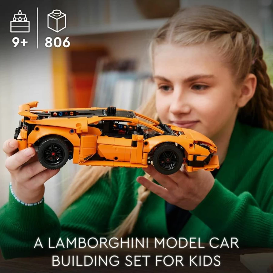 LEGO Technic Lamborghini Huracán Tecnica 42196 Building Kit for Kids Ages 9+, Orange Sports Car Model with V10 Engine & Steering, Creative Gift for Boys & Girls