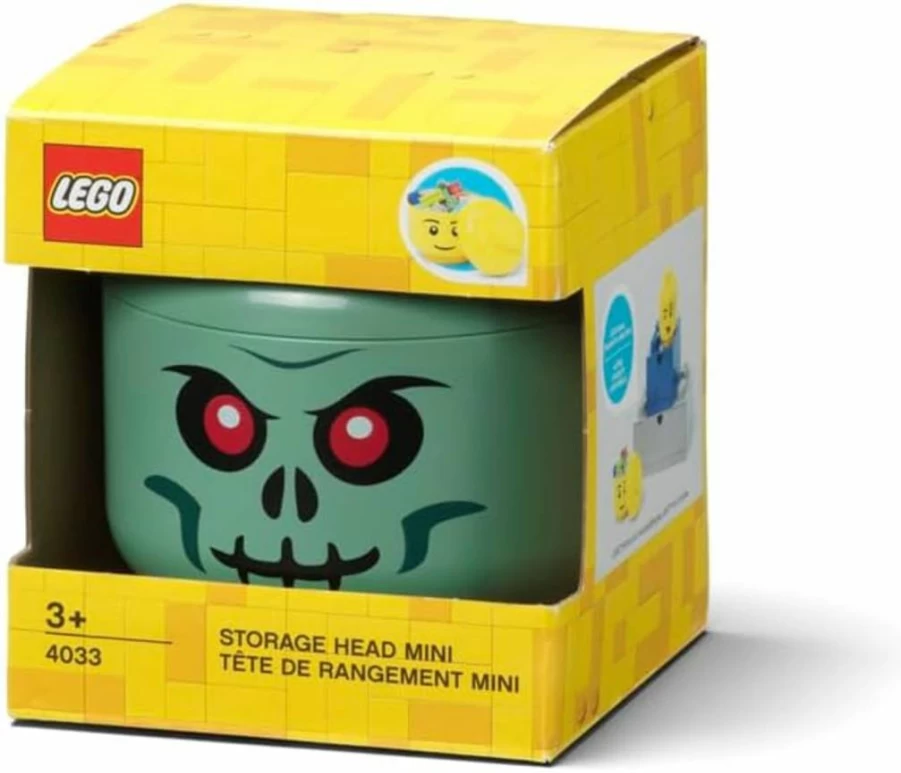 Room Copenhagen Lego Storage Head Mini - Green Skeleton Stackable Toy Organizer Box with Lid, 4x4.5 Inches, Kids Room Decor