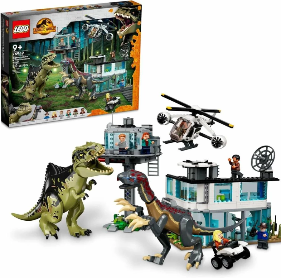 LEGO Jurassic World Giganotosaurus & Therizinosaurus Dinosaur Set 76949 with ATV, Helicopter, Garage & 2 Figures – Creative Building Toy for Kids, Boys, Girls Ages 7+