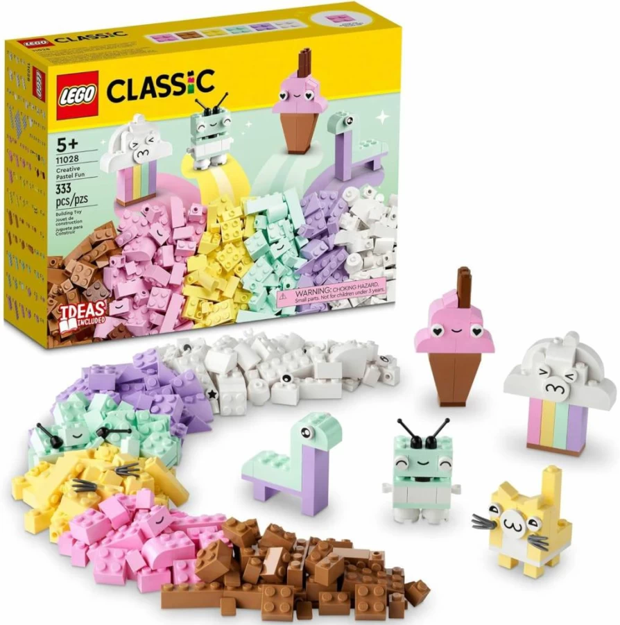LEGO Classic 11028 Pastel Building Blocks Set for Kids Ages 5+ | Creative DIY Toy with Ice Cream, Dinosaur & Cat Models | Educational Gift for Girls & Boys