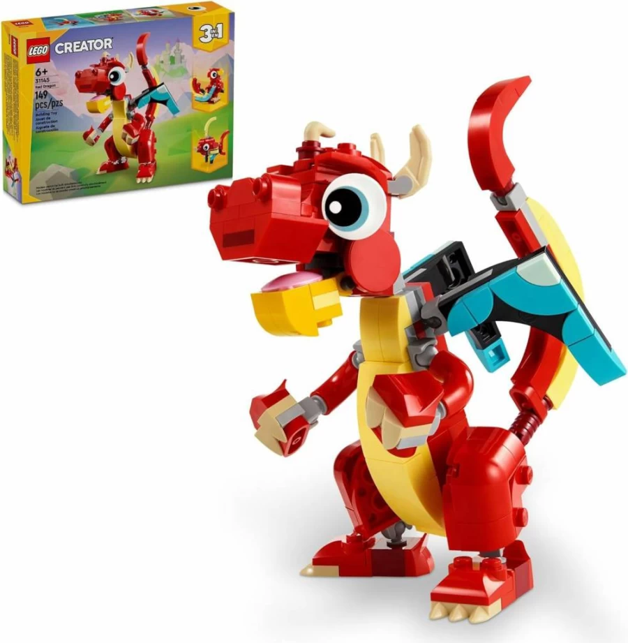 LEGO Creator 3-in-1 Red Dragon Building Toy Set 31145 – Buildable Dragon, Fish, or Phoenix Model – Creative Gift for Kids Ages 6+