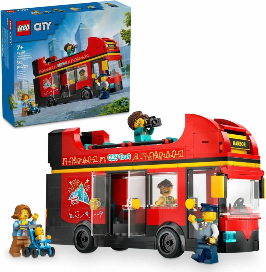 LEGO City Red Double-Decker Bus Toy Set 60407 - London Sightseeing Bus with 5 Mini Figures, Baby & Stroller, Gift for Kids Ages 7+