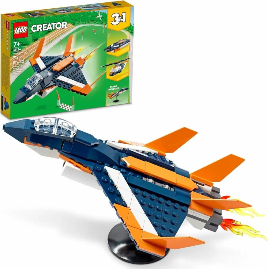LEGO Creator 3-in-1 Supersonic Jet, Helicopter & Speed Boat Building Toy Set 31126 – Transformable Vehicle Models for Kids Ages 7+
