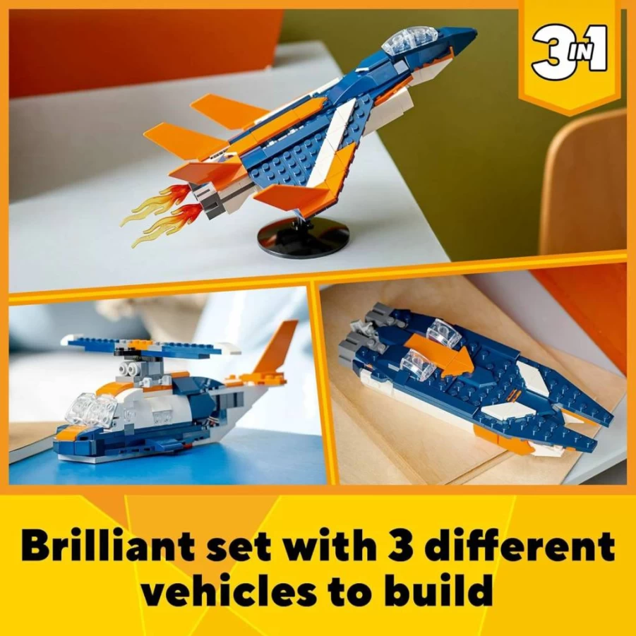 LEGO Creator 3-in-1 Supersonic Jet, Helicopter & Speed Boat Building Toy Set 31126 – Transformable Vehicle Models for Kids Ages 7+