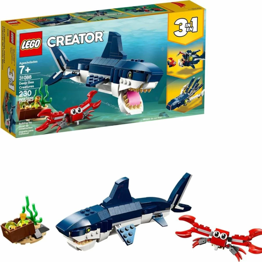 LEGO Creator 3-in-1 Deep Sea Creatures Building Toy Set - Shark, Crab, Squid & Angler Fish Models, Creative Gift for Kids Ages 7+ (31088)