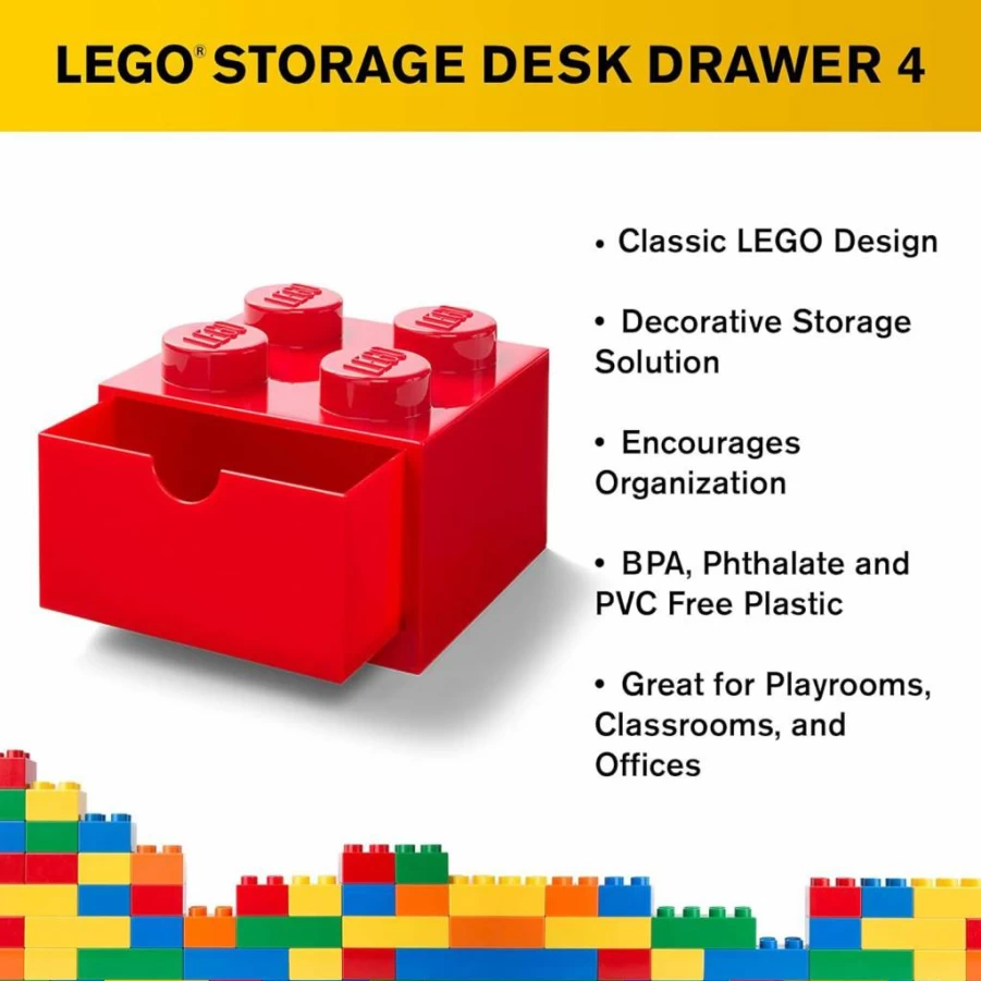 Room Copenhagen LEGO Storage Brick 8-Stud Stackable Desk Organizer, Bright Red Tabletop Drawer Box for Toys, 12.4 x 6.2 x 4.4 Inches