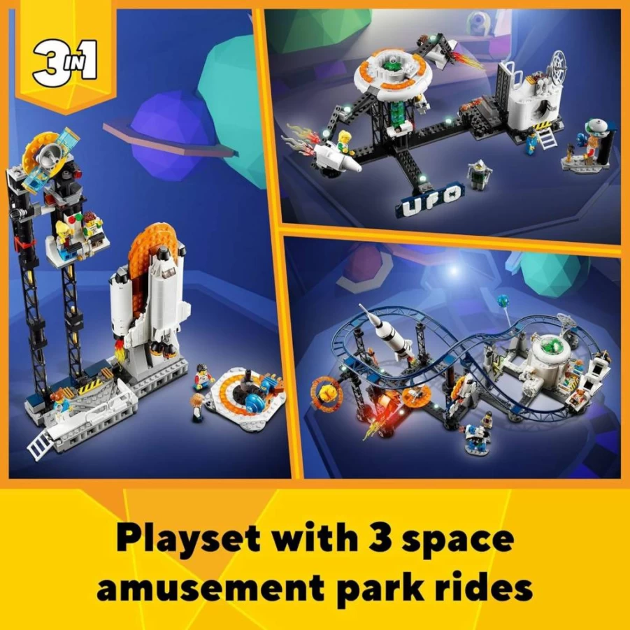 LEGO Creator 3-in-1 Space Roller Coaster Building Set 31142 - Amusement Park Toy with 5 Minifigures, Rebuildable Drop Tower & Carousel for Kids Ages 9+