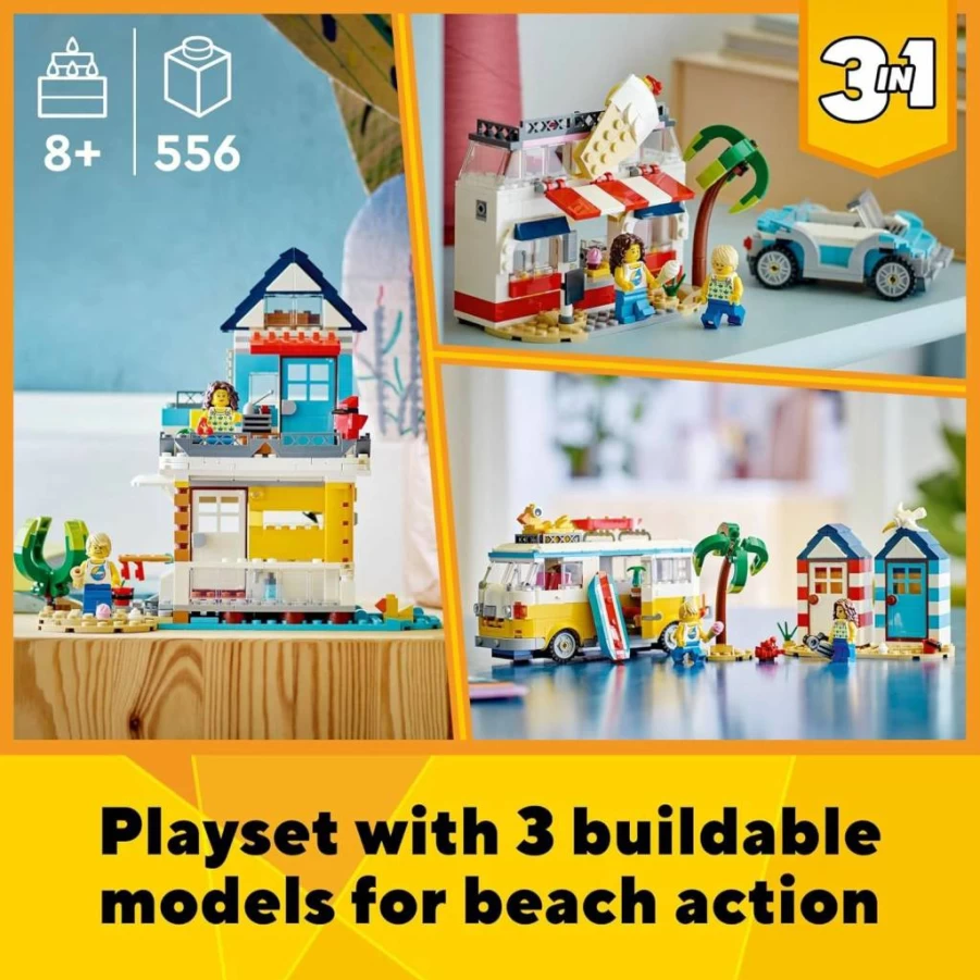 LEGO Creator 3-in-1 Beach Camper Van Building Kit 31138 - Transformable Toy Camper Van, Ice Cream Truck & Beach House for Kids, Creative Gift for Boys & Girls Who Love Surfing & Pretend Play