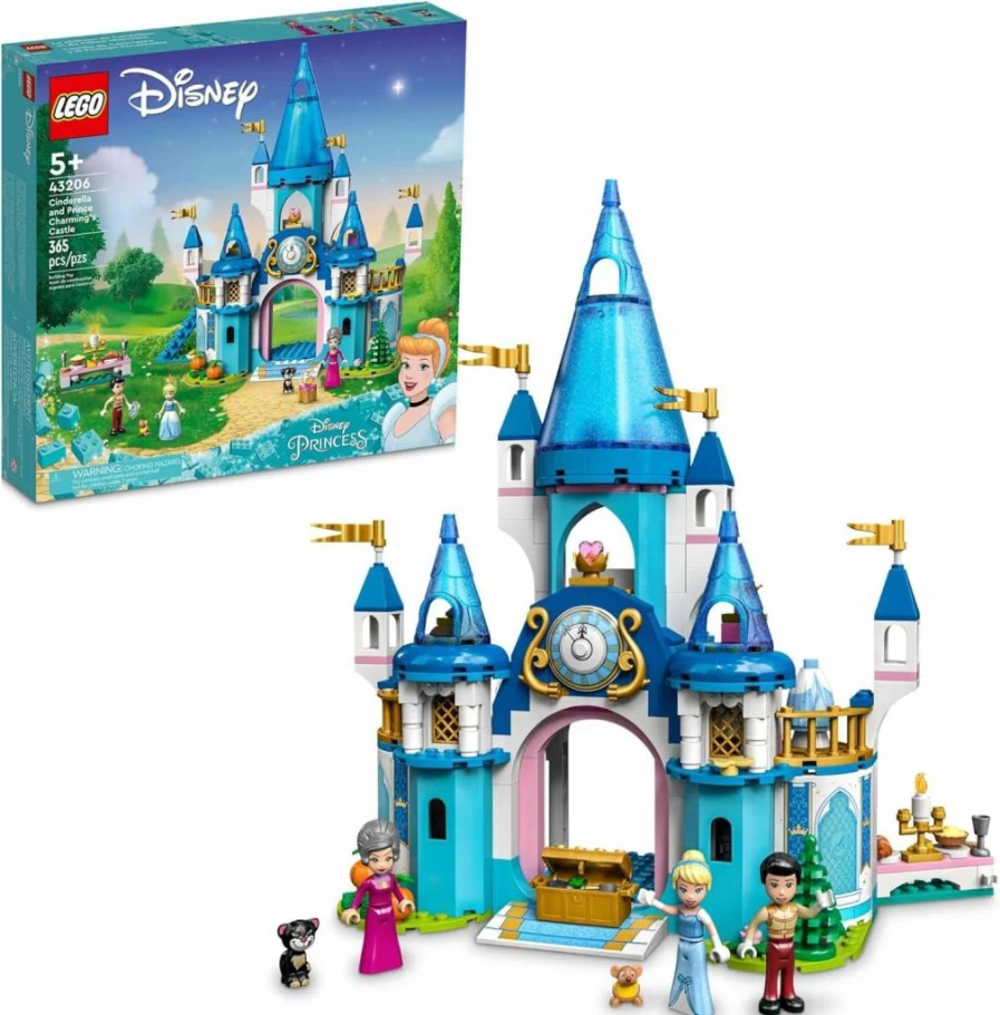 LEGO Disney Princess Cinderella Castle 43206 Building Toy with Cinderella, Prince Charming & 3 Mini Dolls, Gus & Lucifer Figures, Creative Play Set