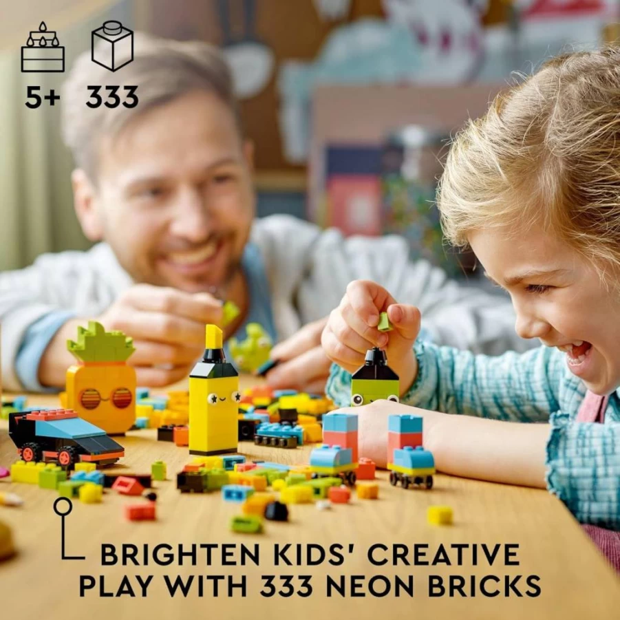 LEGO Classic 11027 Neon Colors Creative Brick Box Set, Build Car, Pineapple, Alien & More, STEM Learning Toy for Kids Ages 5+