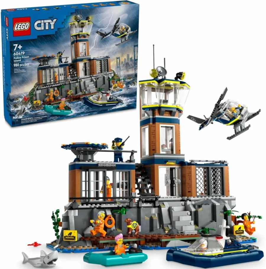 LEGO City Police Prison Island Building Set 60419 with Helicopter, Boat, 7 Minifigures, Dog & Shark Toy for Kids Ages 7+ Creative Play Gift