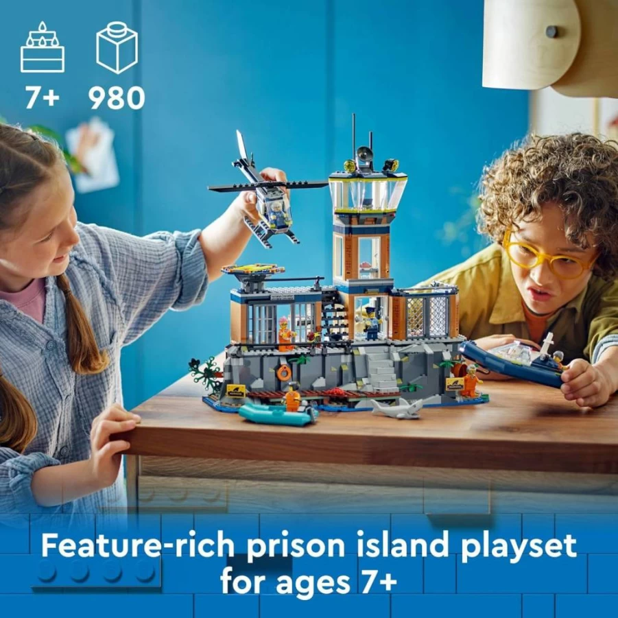LEGO City Police Prison Island Building Set 60419 with Helicopter, Boat, 7 Minifigures, Dog & Shark Toy for Kids Ages 7+ Creative Play Gift